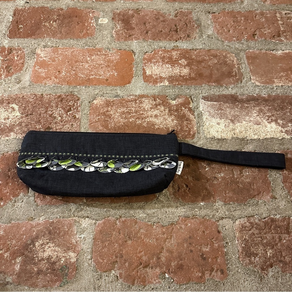 Handmade Sewn Navy Blue Floral Stiching Clutch Pouch Wrislet